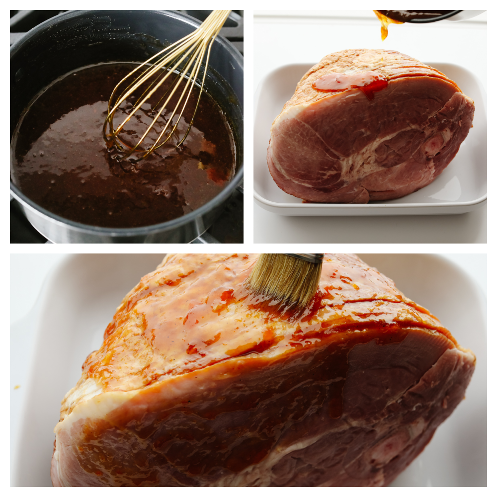 3 pictures showing how to make a glaze and brush it on the ham. 