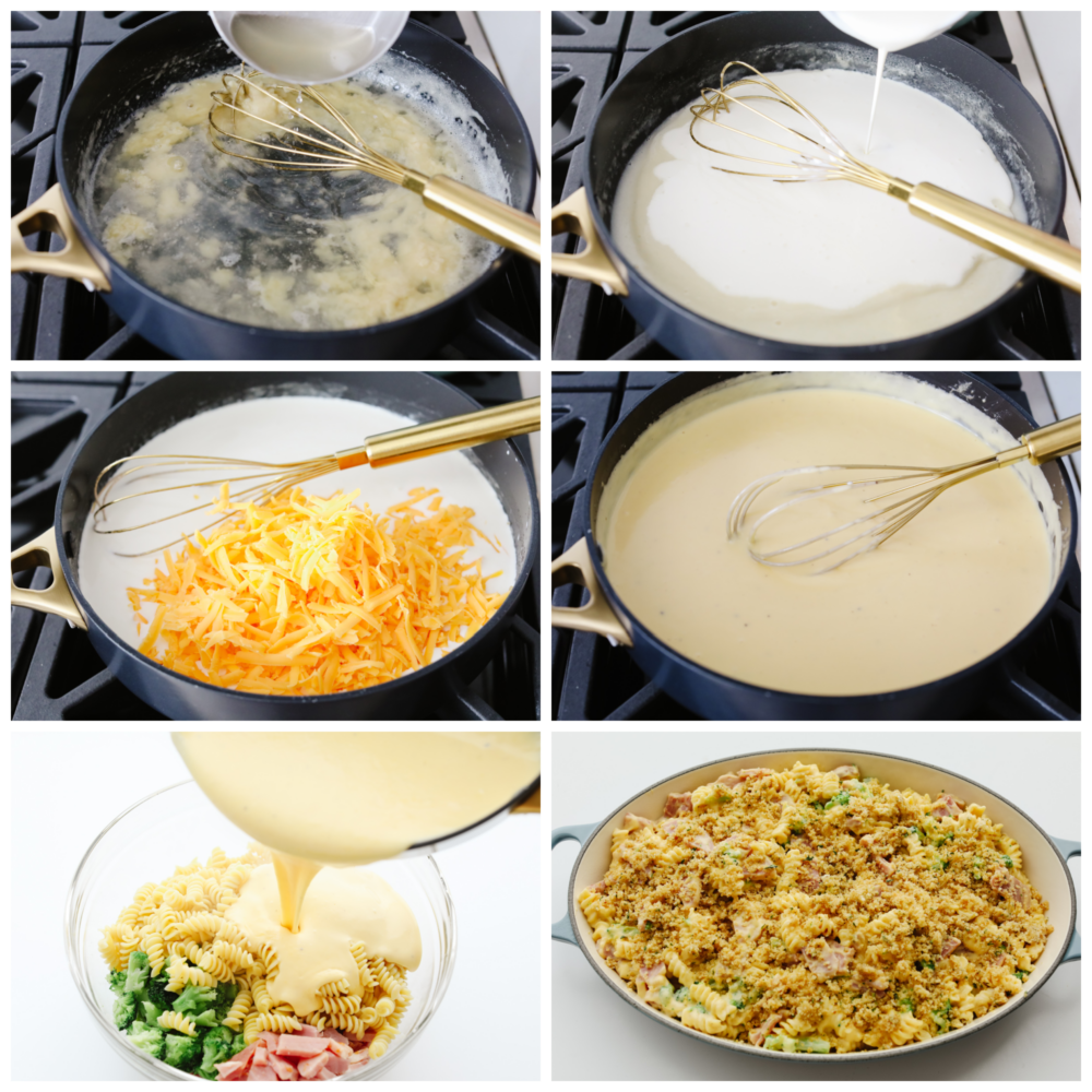 6 pictures showing how to make the cheese sauce and pout it onto the noodles. 