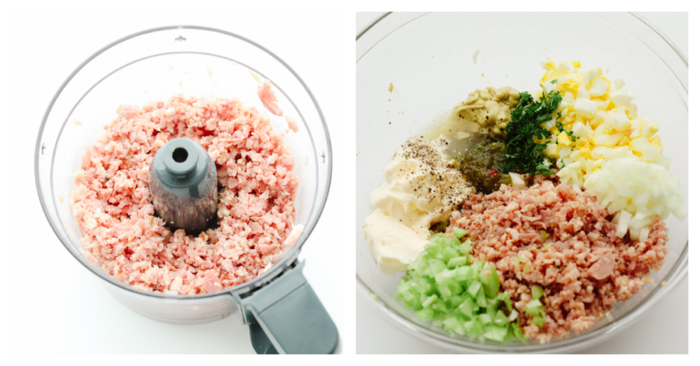 2 photos showing ham in a food processor then all the ingredients in a bowl. 