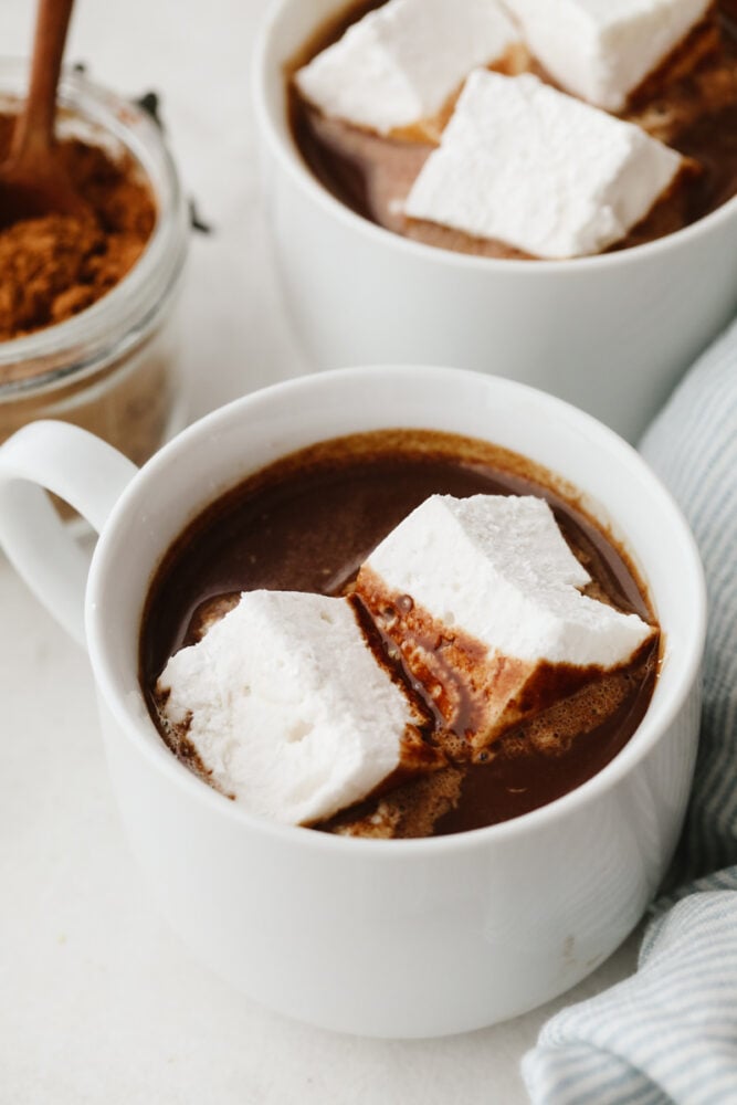A cup of hot chocolate with 2 marshmallows on top.