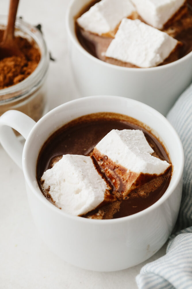 2 homemade marshmallows in a cup of hot chocolate.