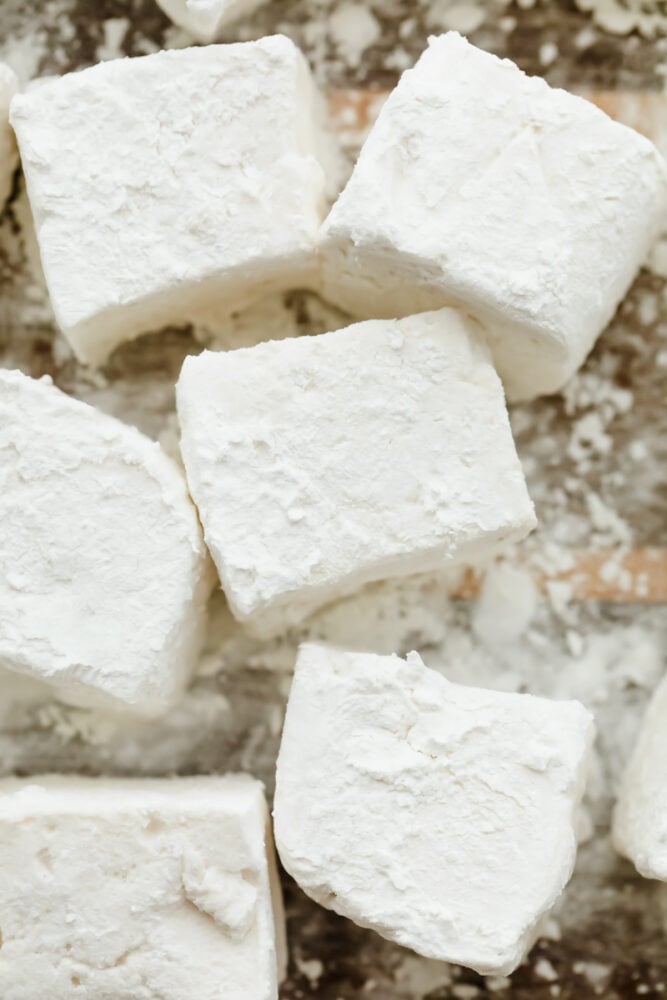 Closeup of homemade marshmallows, dusted in powdered sugar.