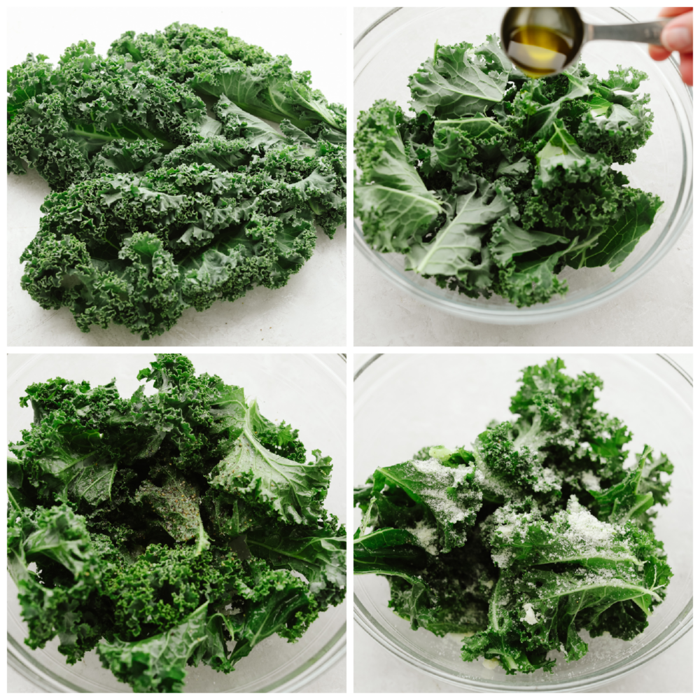 4 pictures showing how to season kale with oil, salt and pepper and parmesan. 