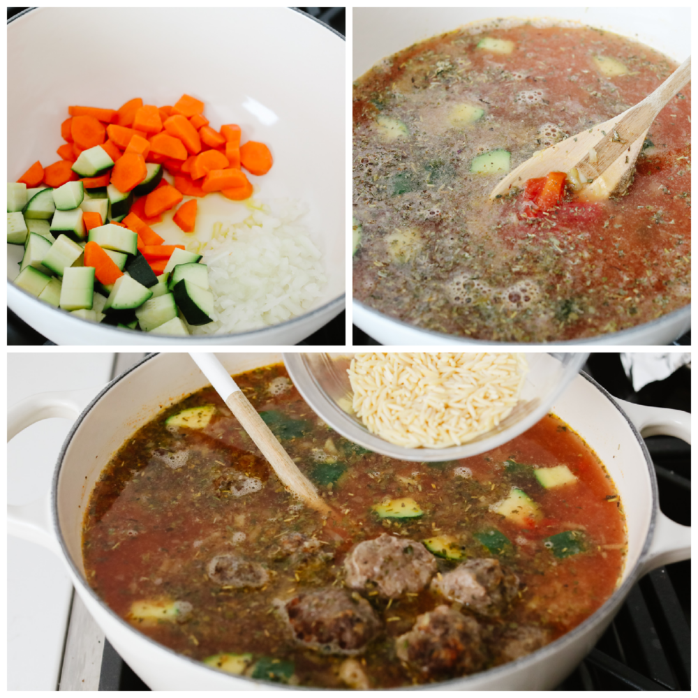 3 pictures showing how to add ingredients to meatball soup. 