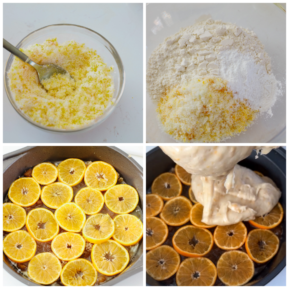 4 pictures of preparing cake batter and adding to pan over clementine slices.
