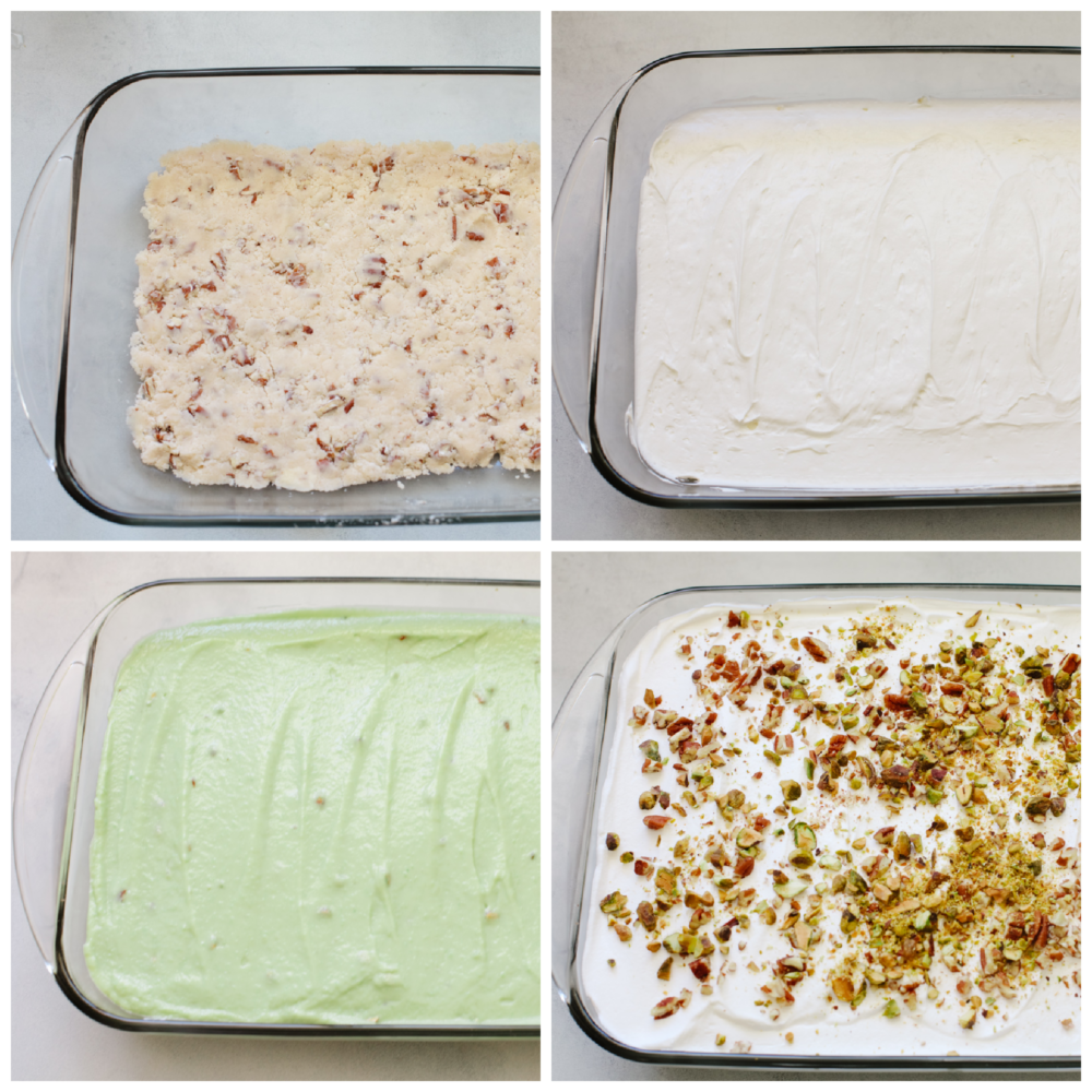 4 pictures showing how to make a crust layer, a cheesecake layer, a pudding layer and top it all with whipped cream and nuts. 