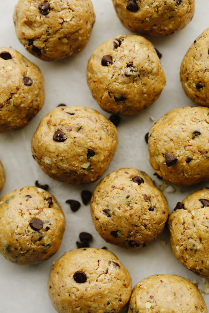 Closeup of protein balls on parchment paper.