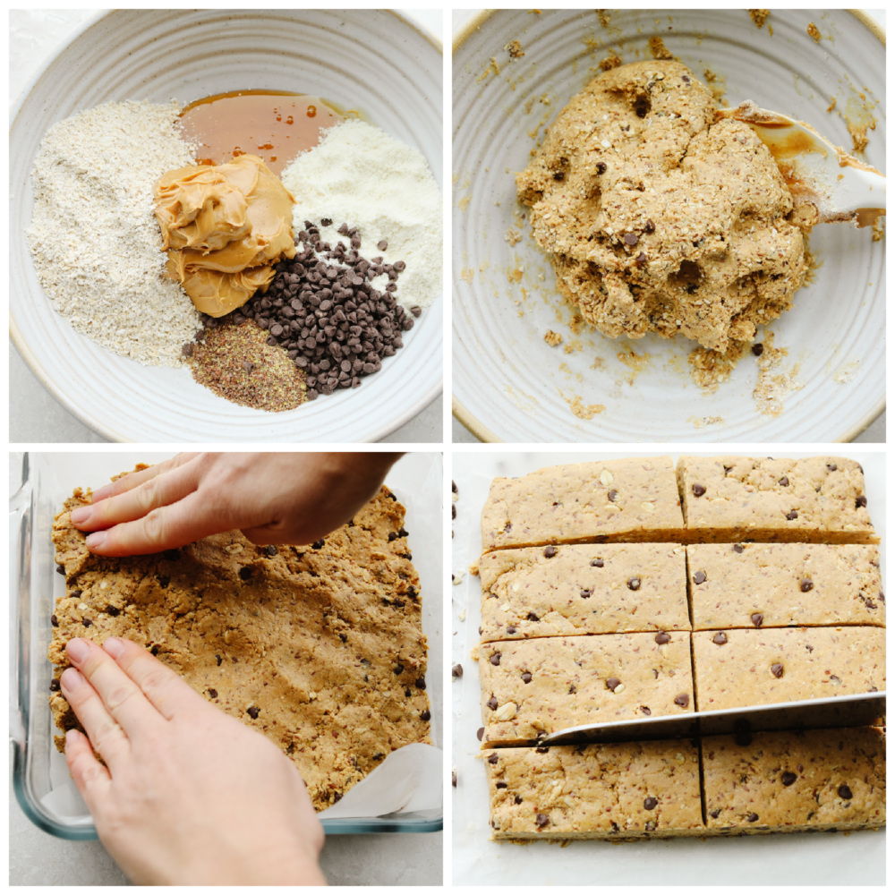 4 pictures showing how to mix all of the ingredients, form them into a pan and cut them into bars. 