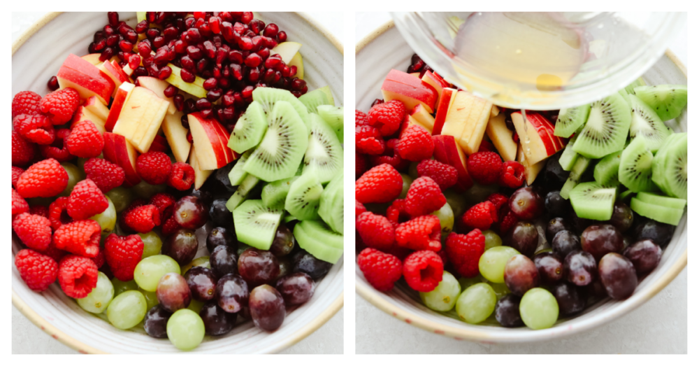 2 pictures showing a bowl of fruit and then dressing being poured onto the fruit. 