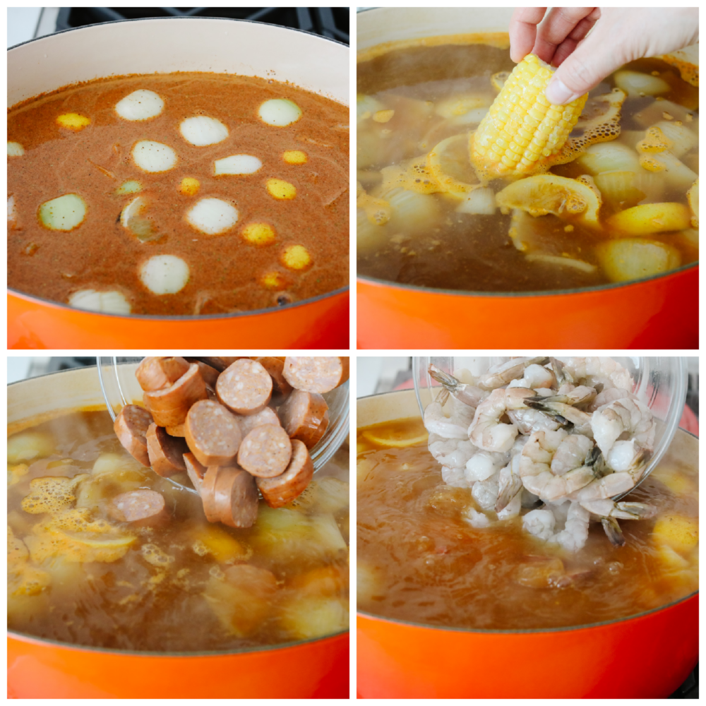 4 pictures showing how to add ingredients to seasoned, boiling water. 