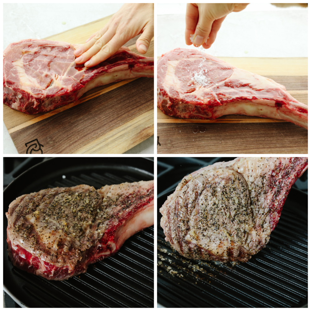 4 pictures showing how to add oil, and salt and pepper to a steak and then sear it. 
