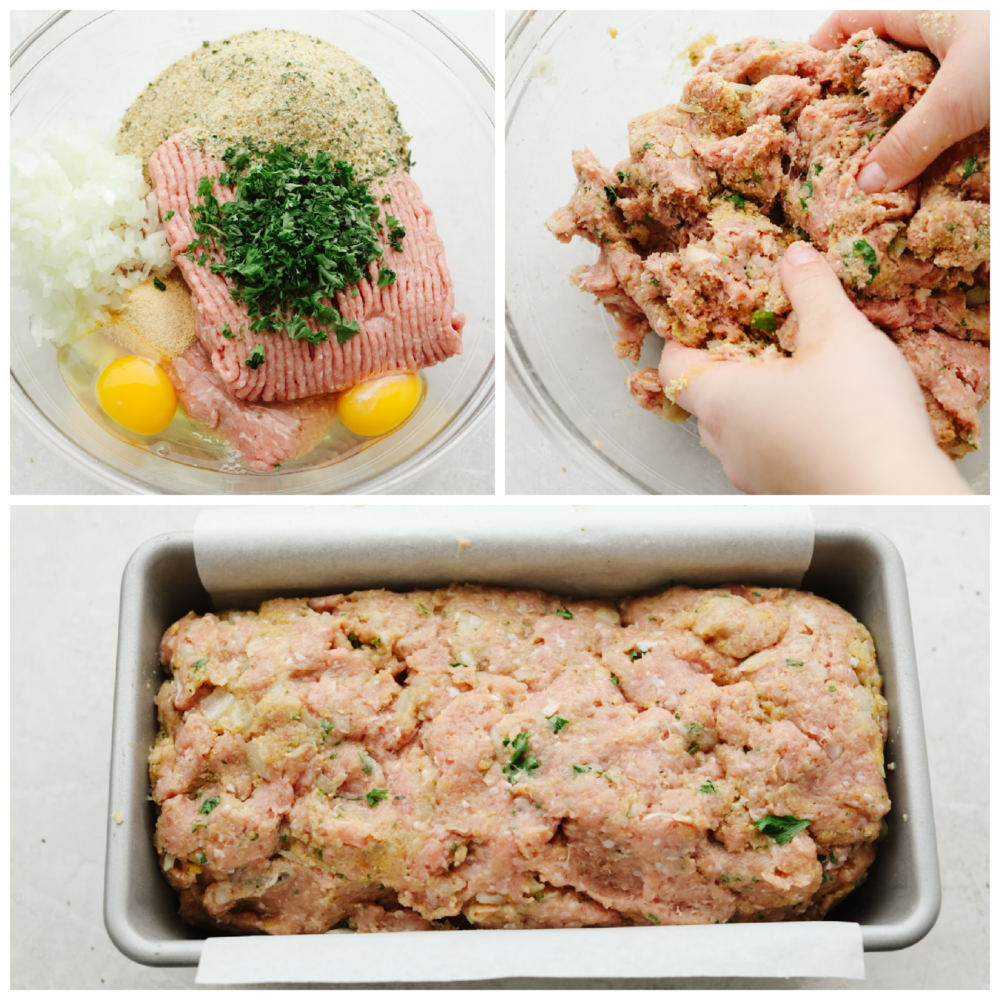 Process shots of preparing meatloaf mixture and adding to pan.