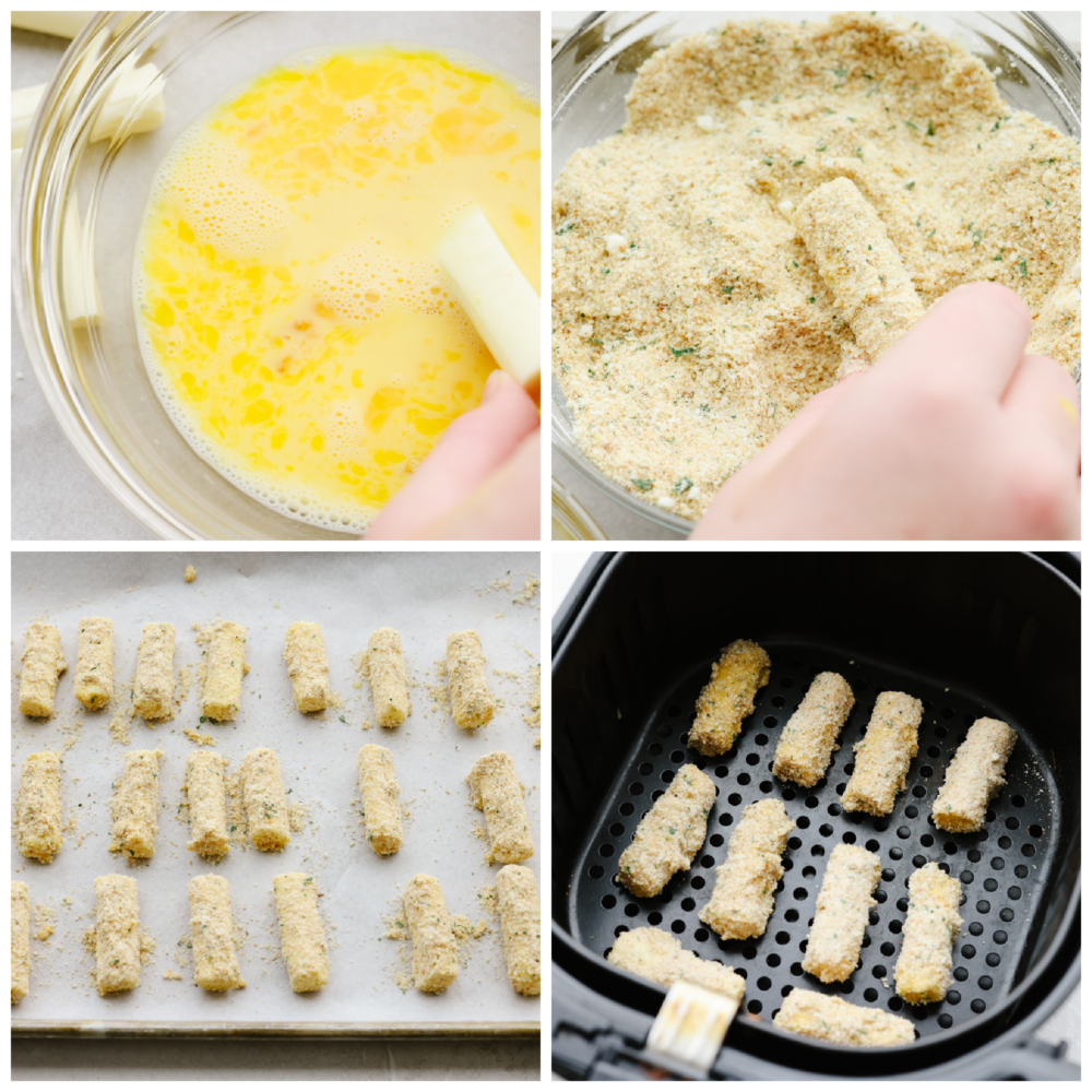 Process shots of dipping cheese sticks in egg batter and bread crumbs, then placing in air fryer basket.