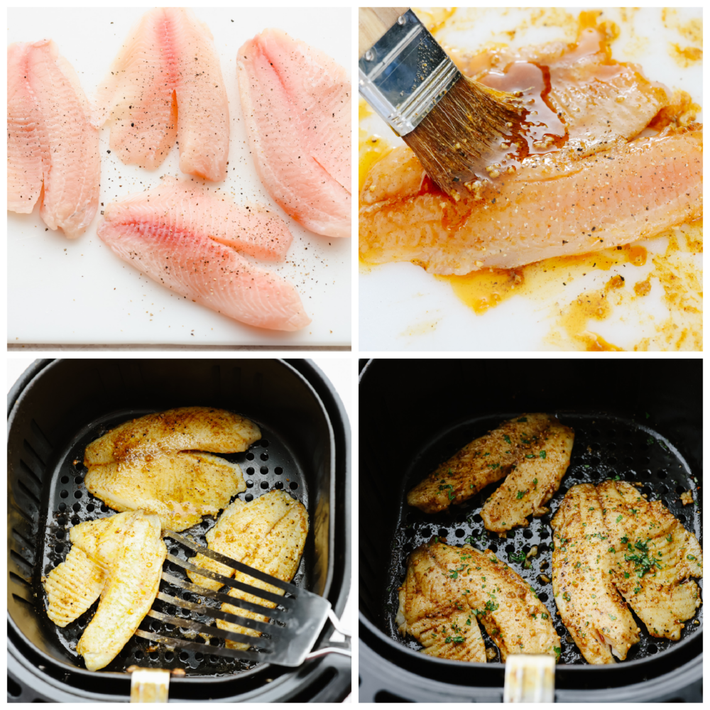 Process shots of seasoning tilapia and cooking in air fryer.