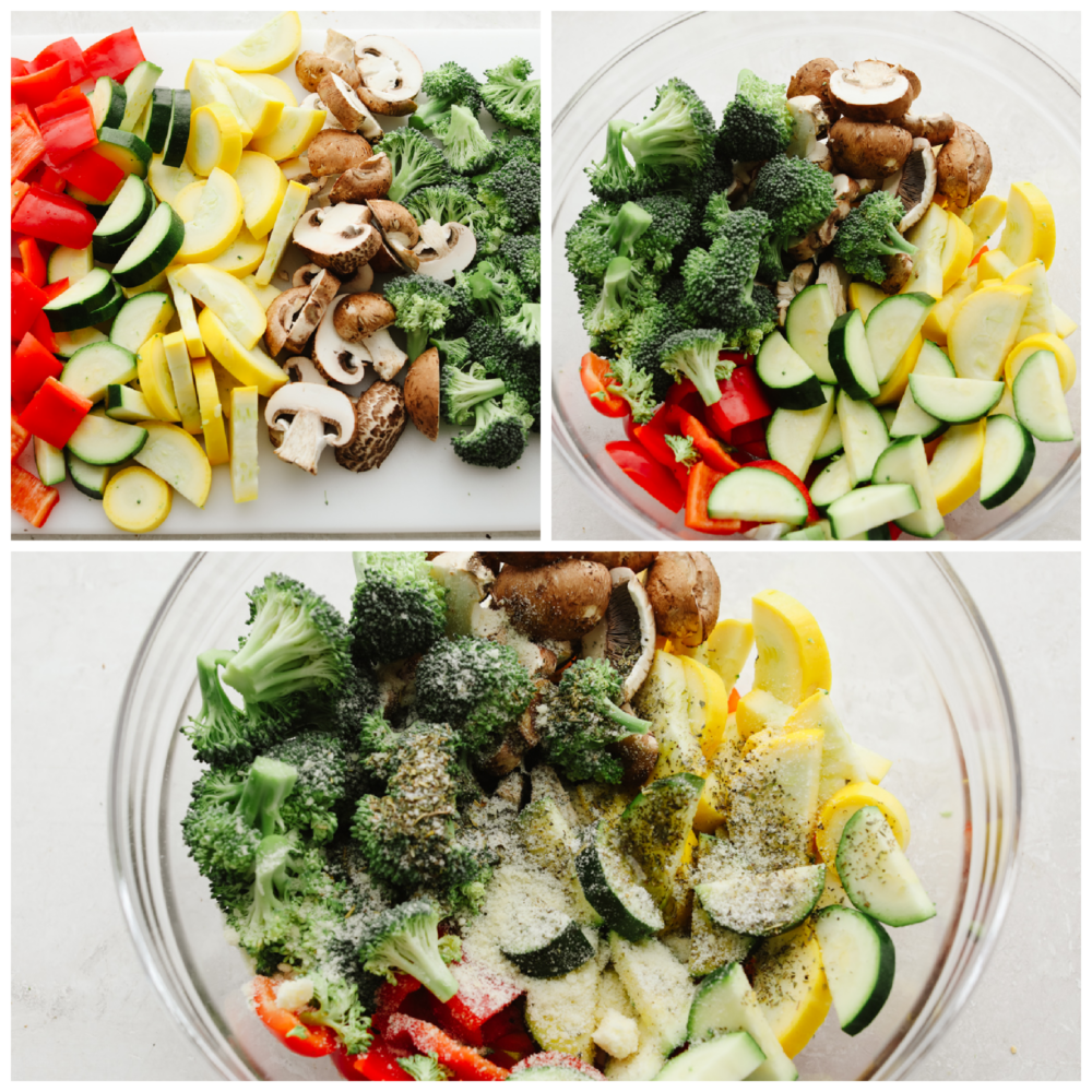 3 pictures showing how to mix and season vegetables. 