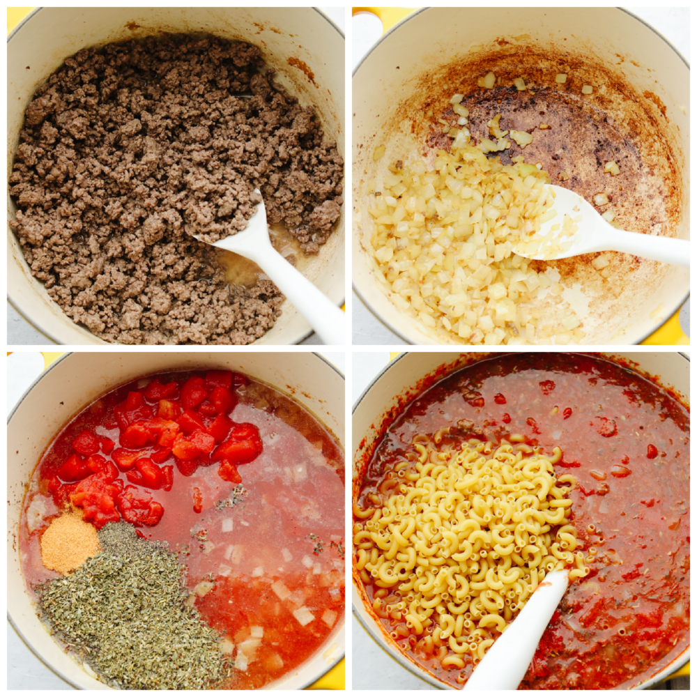 4 pictures showing the steps on how to add the goulash ingredients to the pot. 