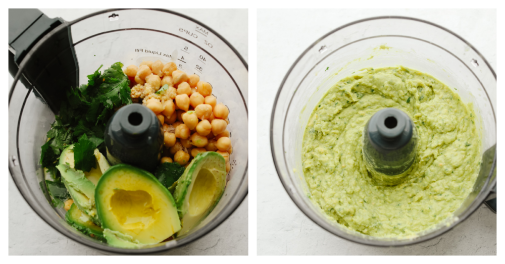 2 pictures showing how to add the ingredients and blend them together. 