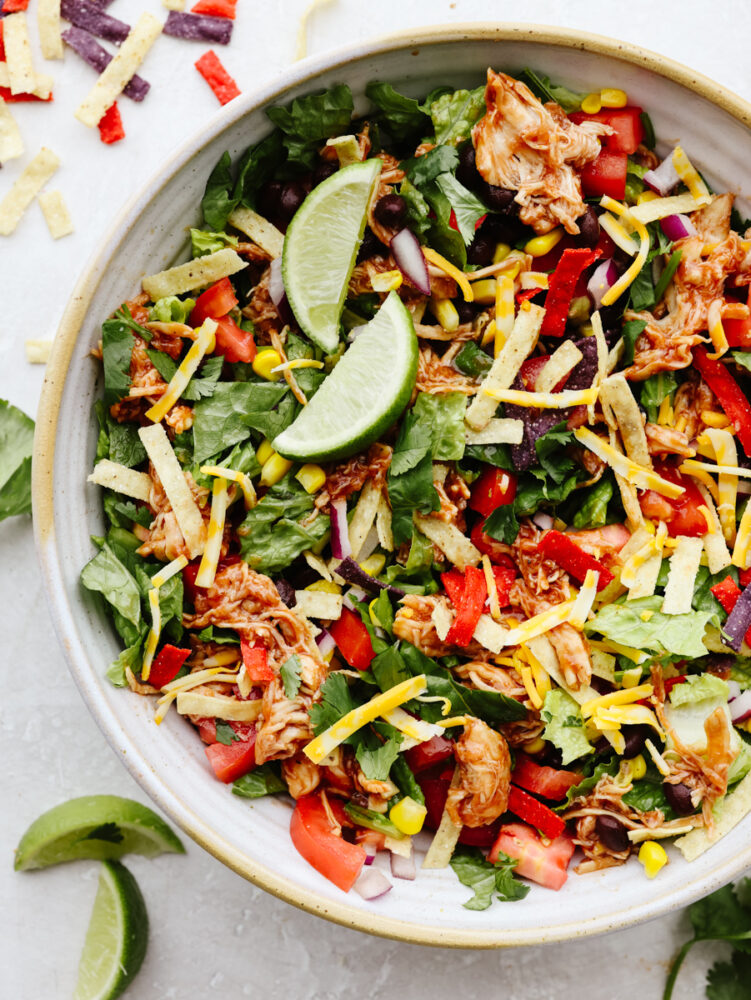 A bowl of BBQ chicken salad. 