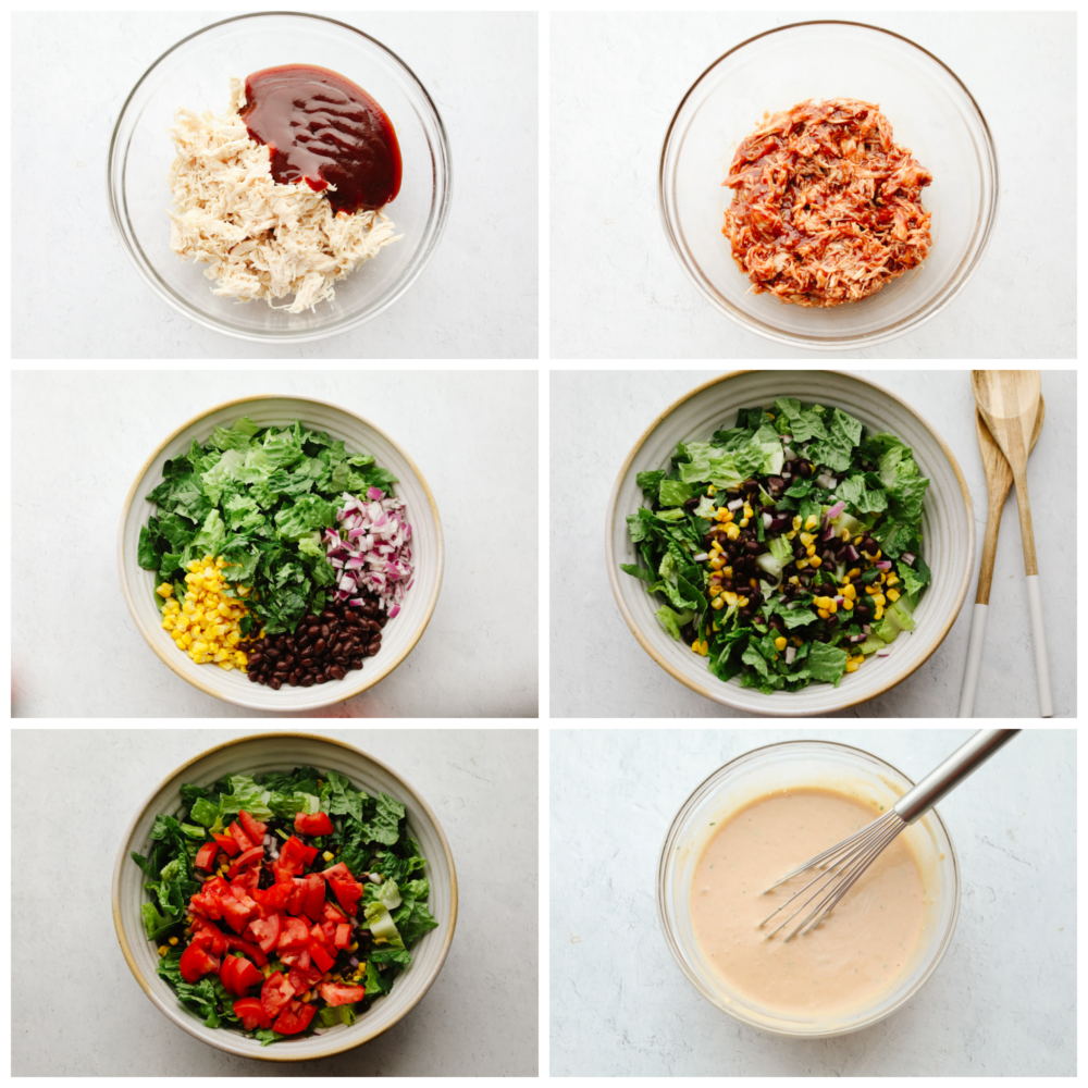 6 pictures showing how to mix the chicken and BBQ sauce, add in the lettuce and veggies and mix the dressing. 