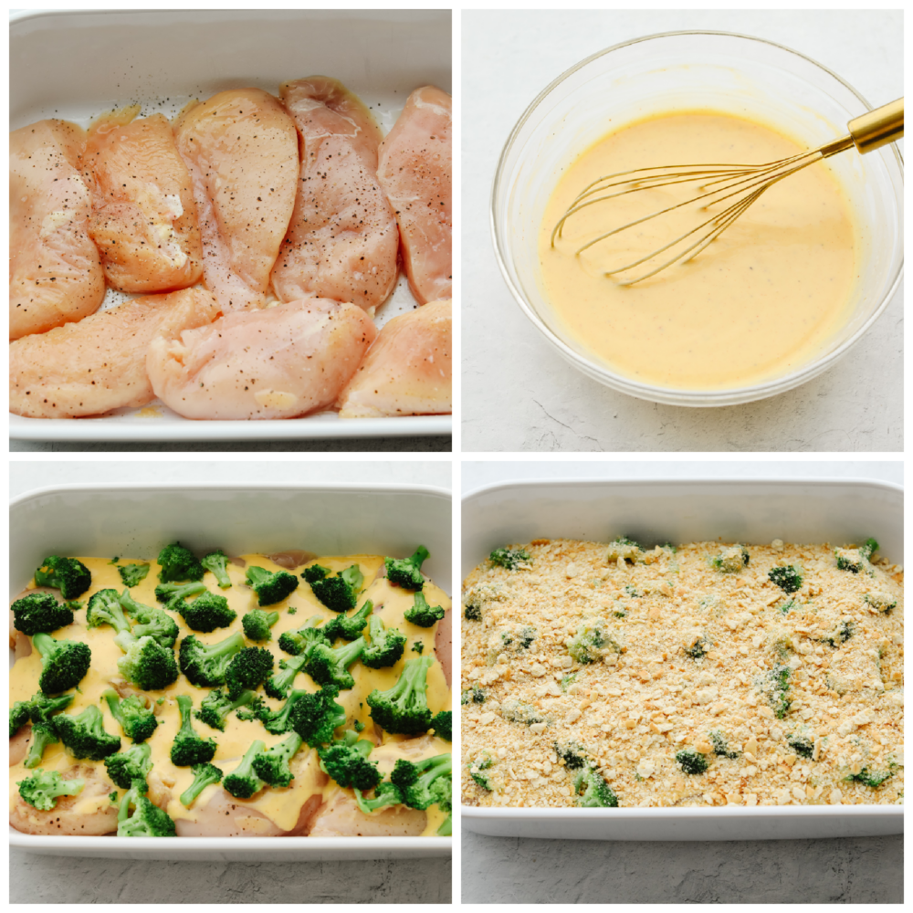 4 pictures showing how to add chicken, sauce broccoli and cracker crumbs to the meal. 