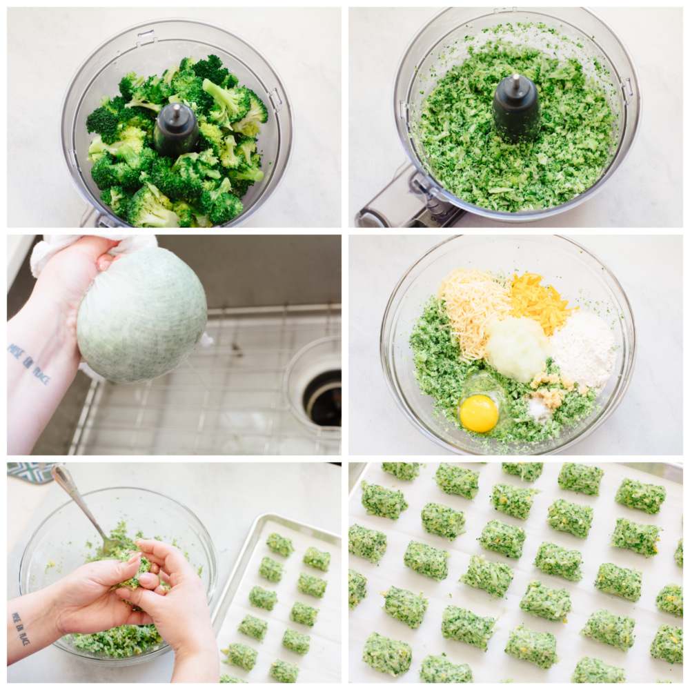 6 pictures showing how to pulse broccoli, mix the ingredients and form the tots. 