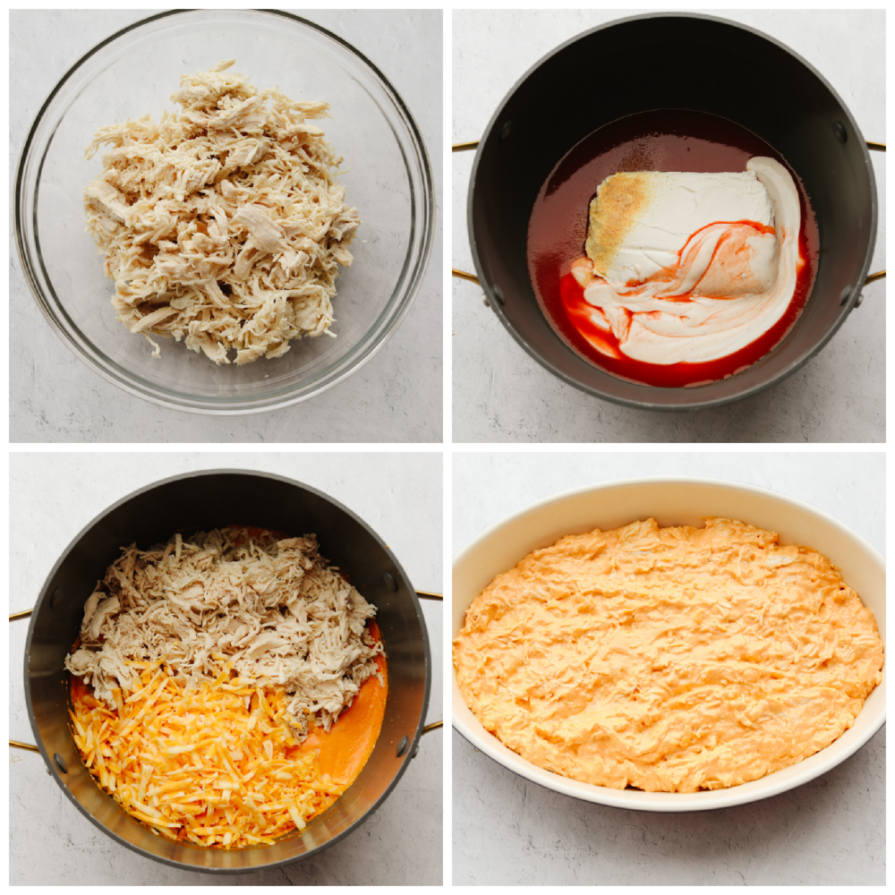 4 pictures showing how to add the chicken , sauce and cheese to a pan and melt. 