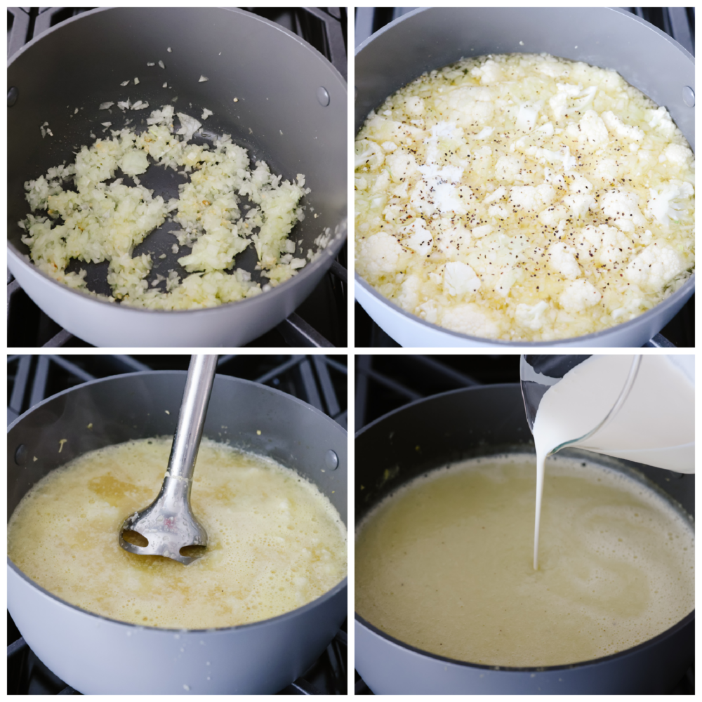 4 pictures showing how to make cauliflower soup. 