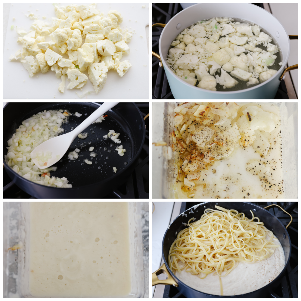 6 pictures showing how to make cauliflower alfredo sauce. 