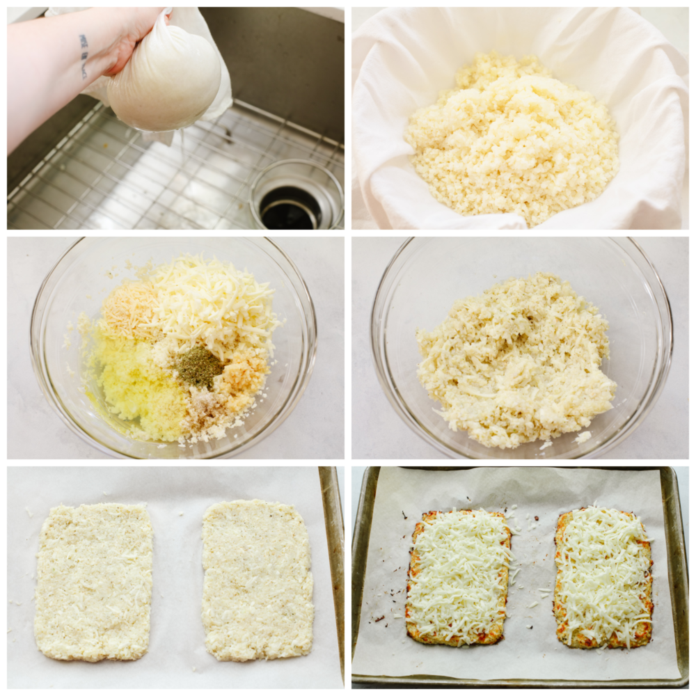 6 process shots of preparing cauliflower and breadstick mixture.