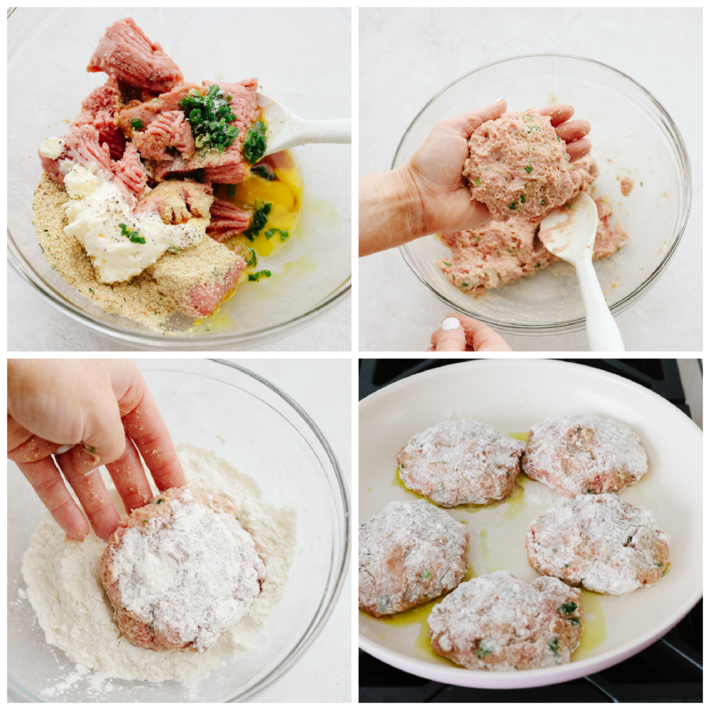 4 pictures showing how to mix the ingredients, form the patties and cook them in oil. 