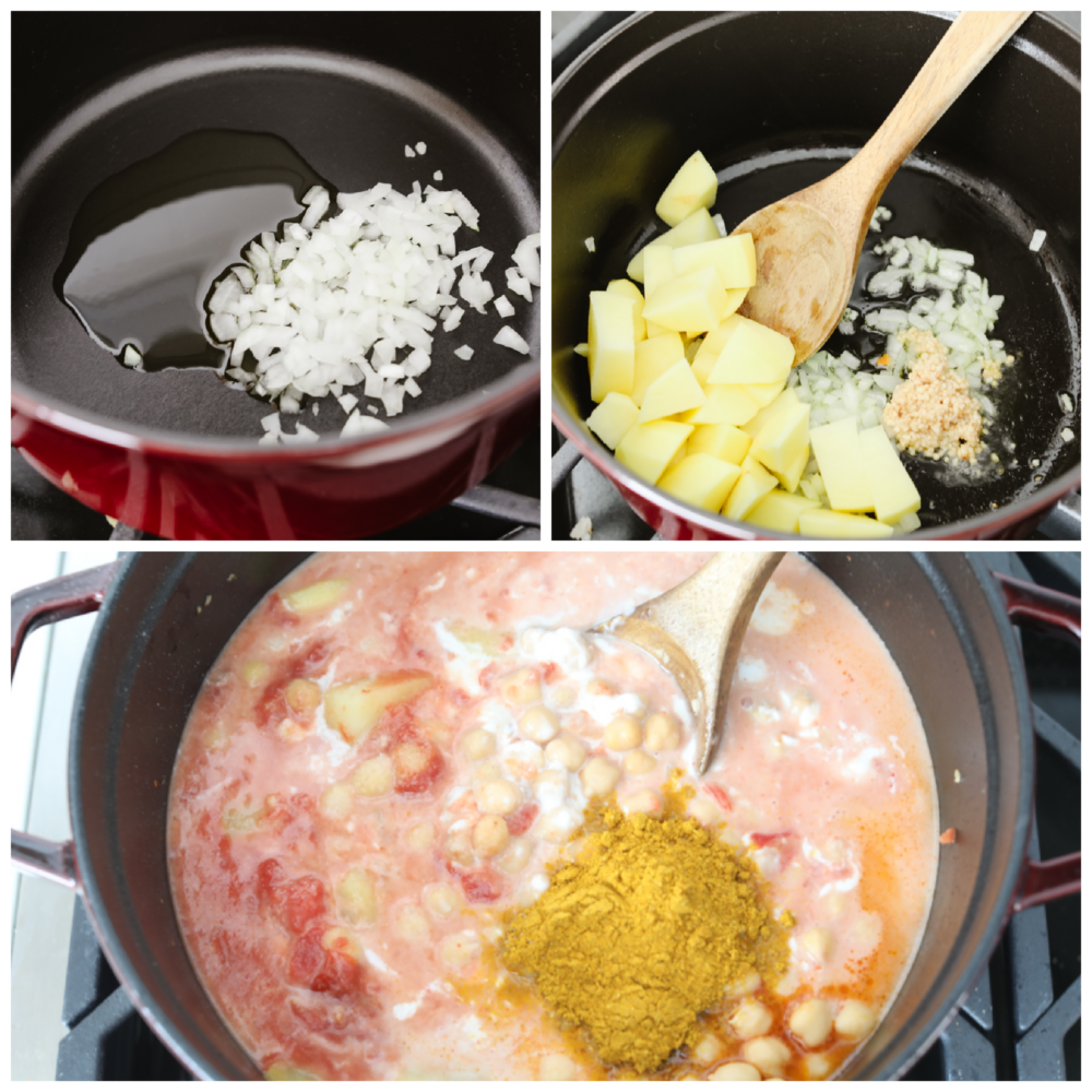 3 process photos of sauteeing vegetables and adding curry ingredients to a pot.