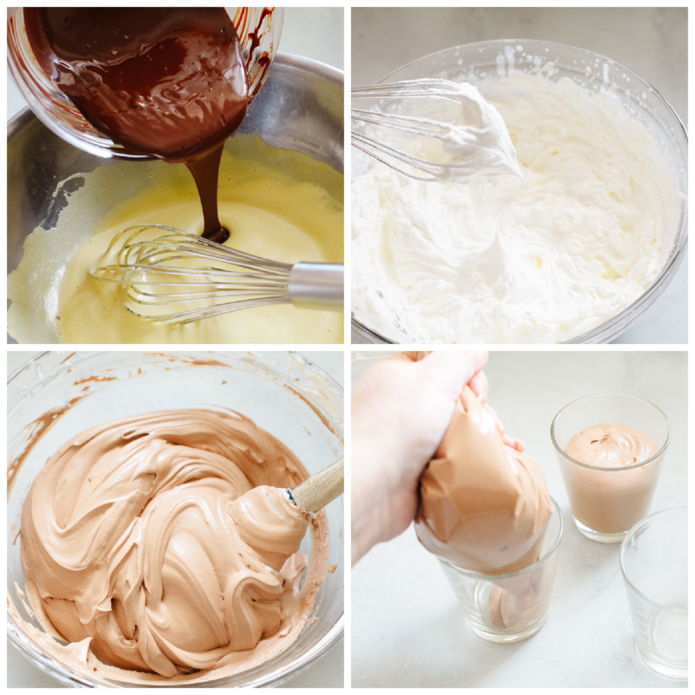 4 pictures showing how to mix up the mousse and pip it into a glass. 