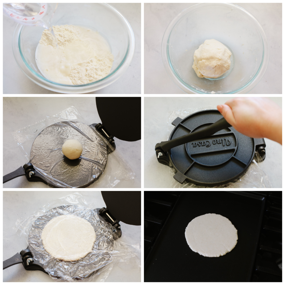 6 pictures showing how to form tortilla dough and press it flat.