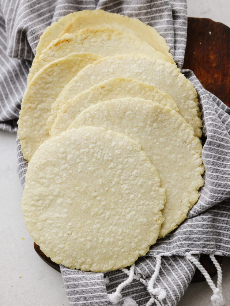 Corn tortillas in a stack on the counter.