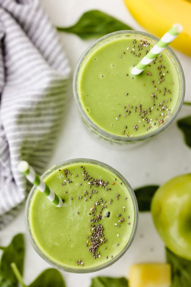 Top view of 2 glasses of a detox smoothie. 