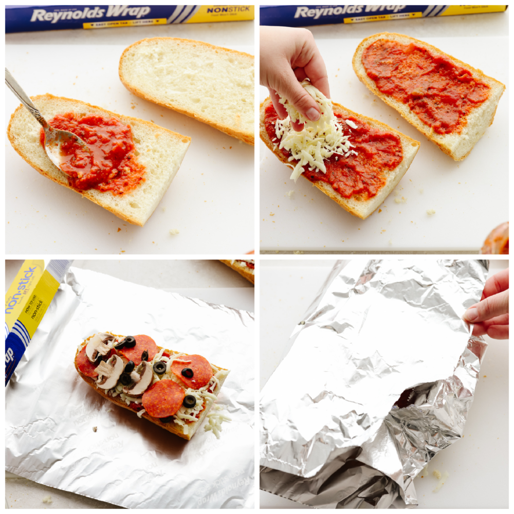 4 pictures showing how to add toppings to french bread and wrap them in foil. 