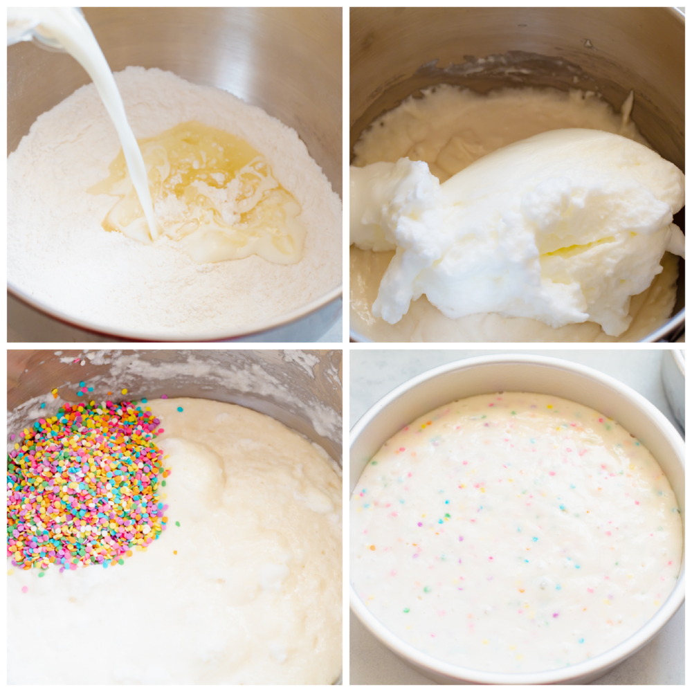 4 pictures showing how to make and mix the batter with sprinkles. 