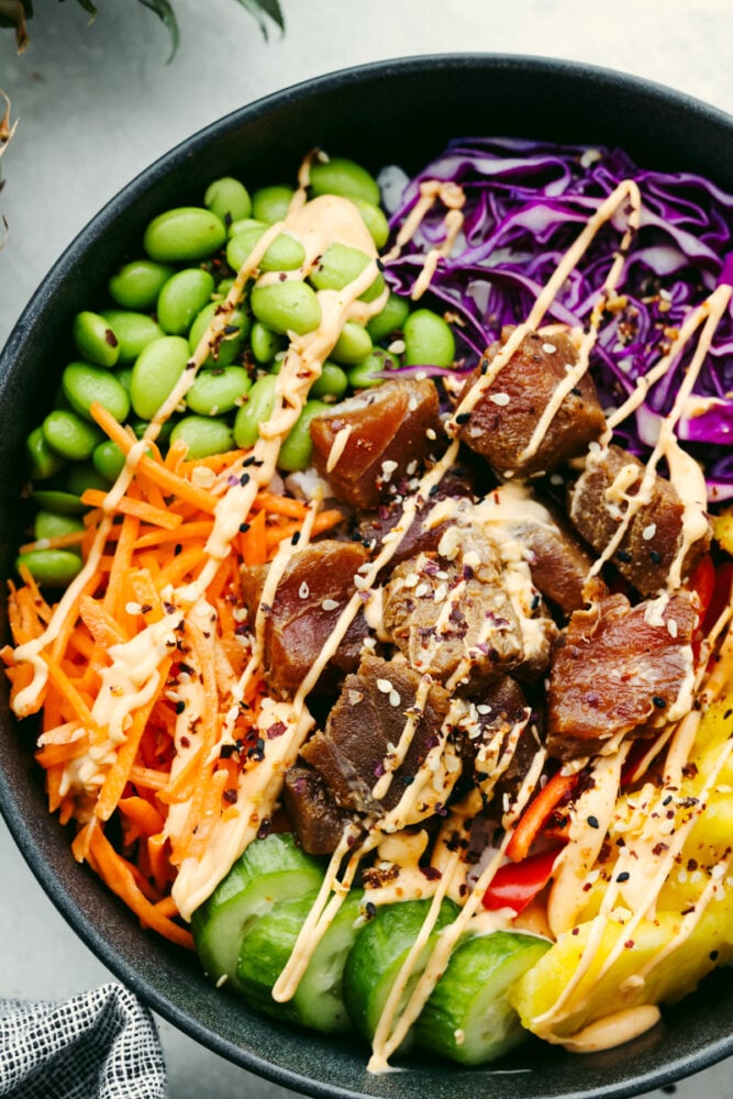 A close up of a Hawaiian poke bowl. 