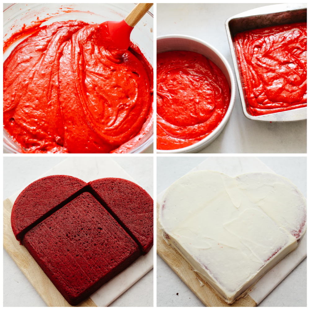 Process shots of making a heart-shaped cake.