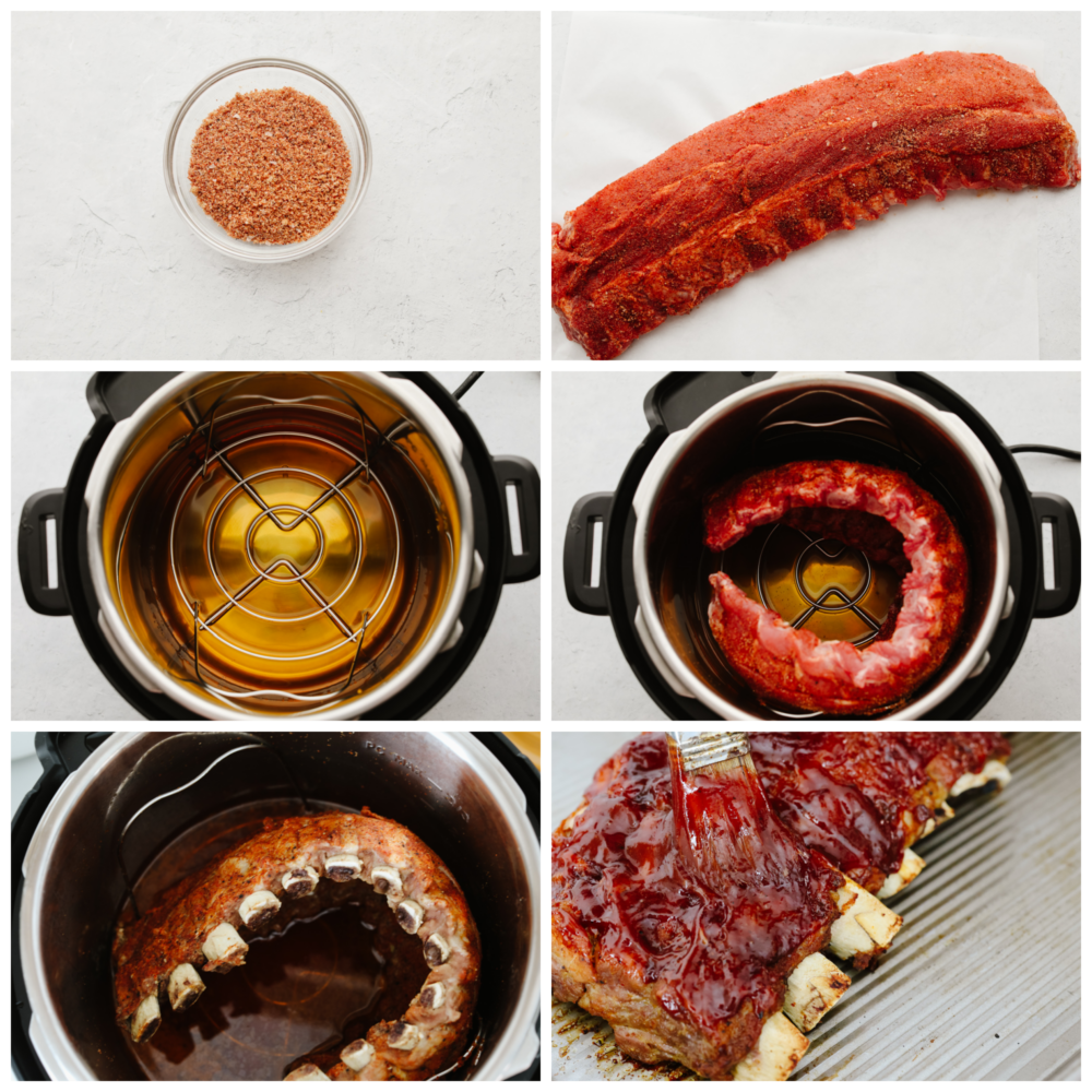 6 pictures showing how to prepare the ribs and put them in an Instant Pot. 