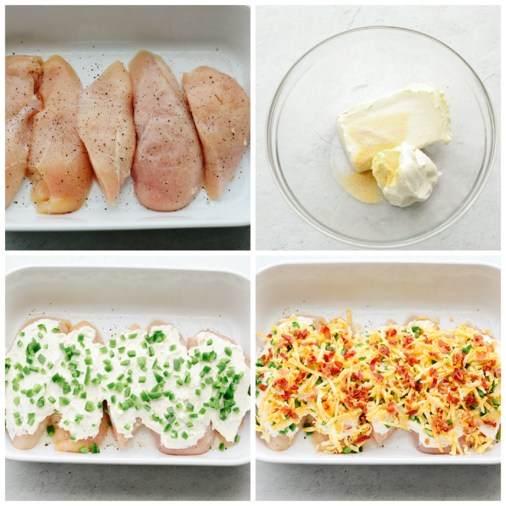 Process shots of preparing chicken breasts and jalapeno cream cheese mixture.