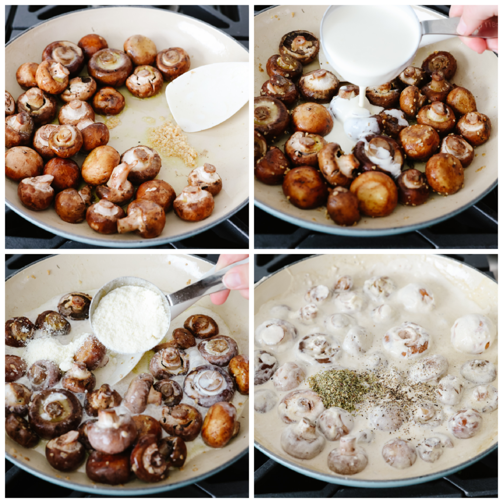 4 pictures showing how to cooke mushrooms and add the sauce to a pan. 