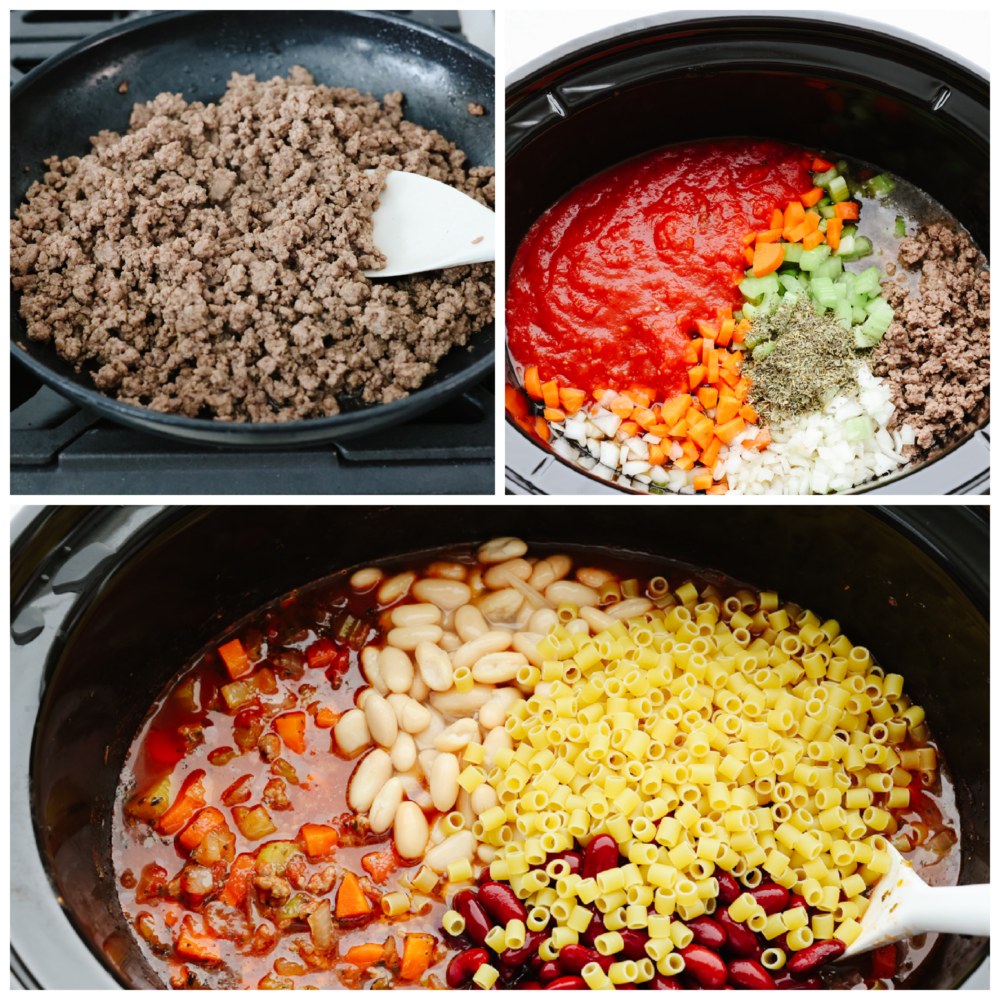 3 pictures showing ingredients being added into a crockpot