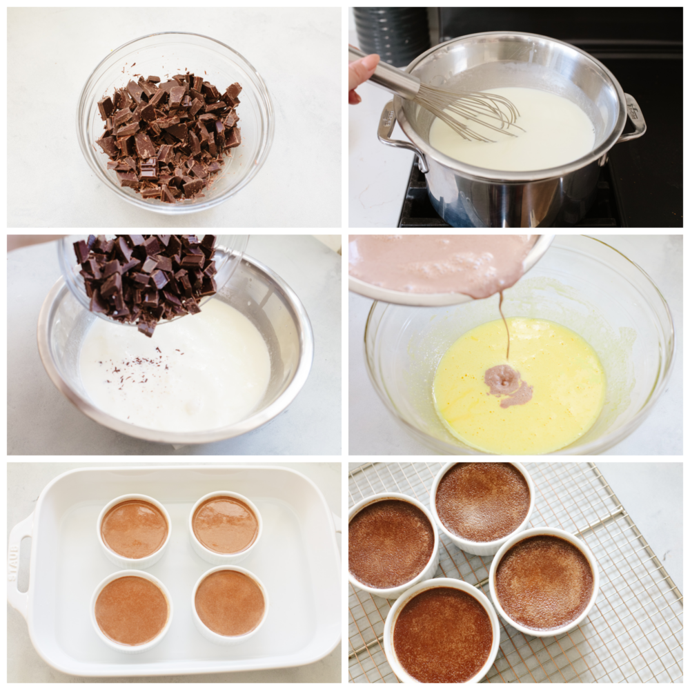 6 pictures showing how to melt chocolate, mix the ingredients together and cook them in ramekins. 