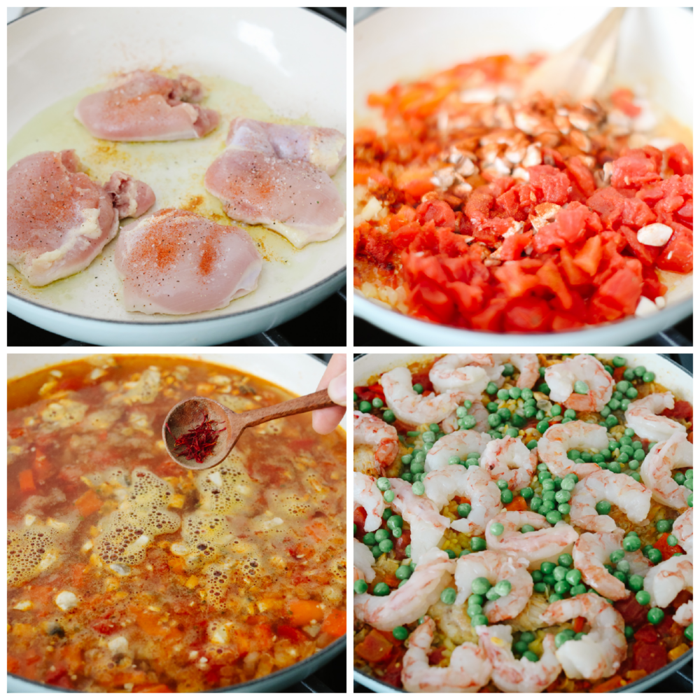 The process of cooking chicken and shrimp paella. 