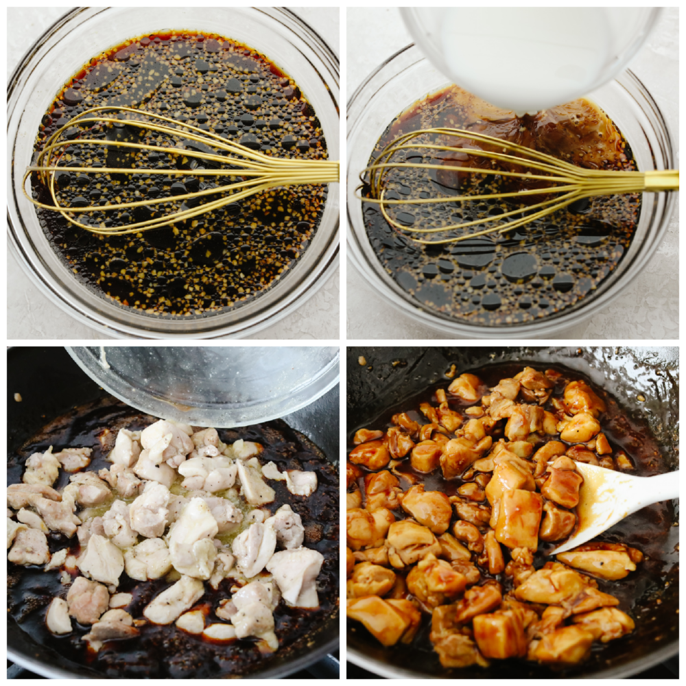 4 pictures showing how to whisk the sauce, add it to the chicken and cook it together in a pan. 