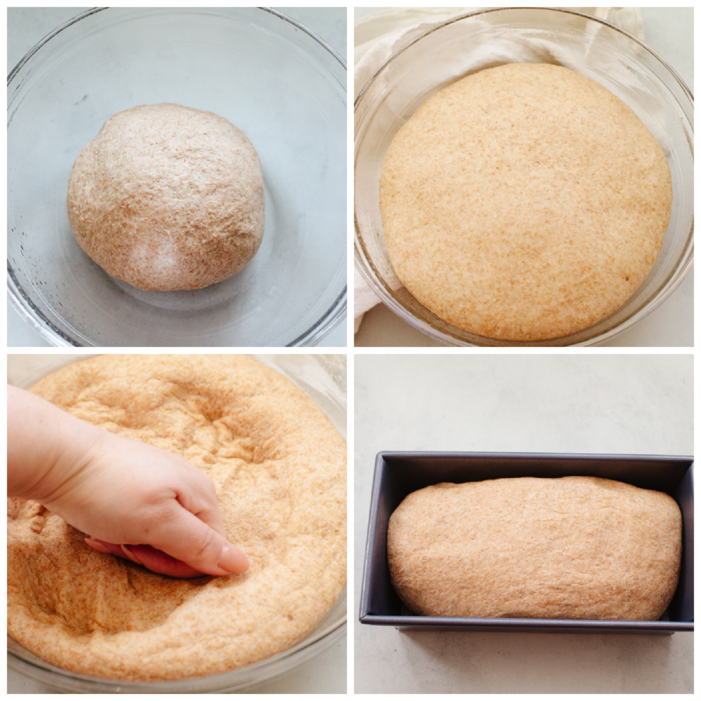 4 process shots of bread dough being formed.