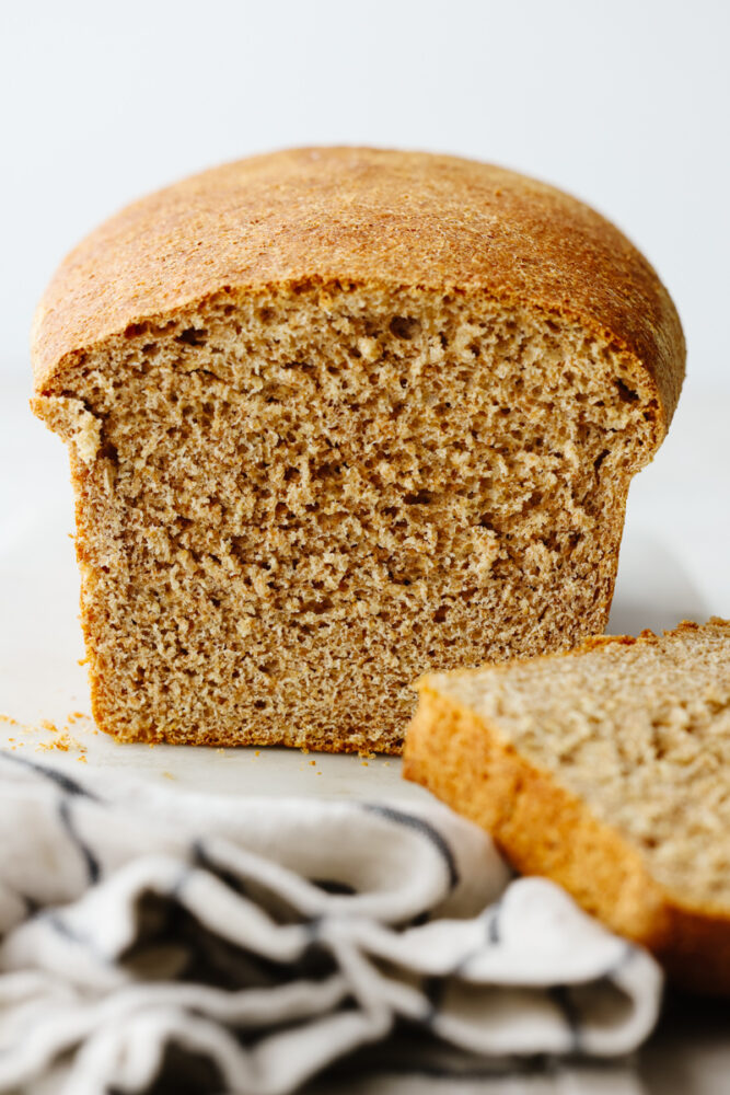 Front view of a loaf of wheat bread.