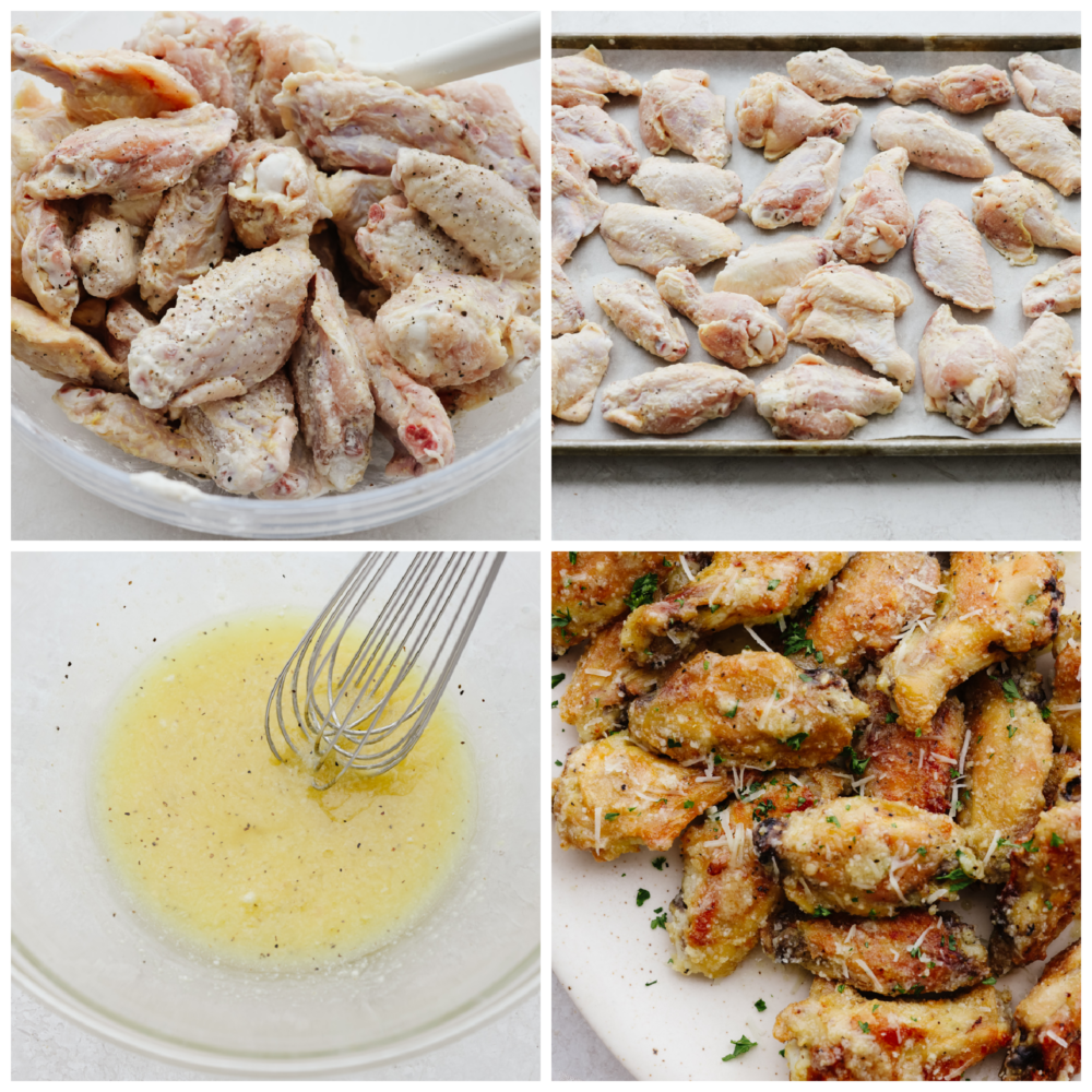 4 pictures showing how make the sauce and how to coat the wings.
