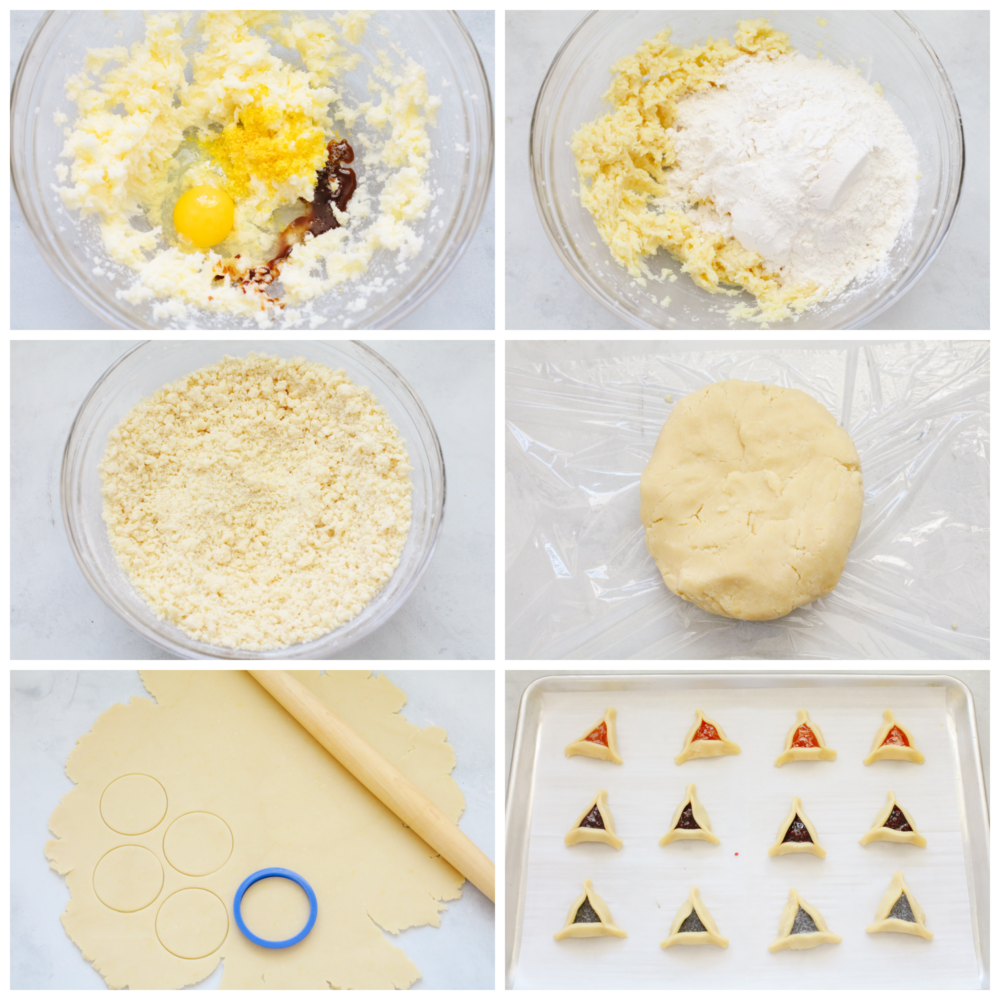 6 pictures showing how to make dough, cut the dough and fill the dough.